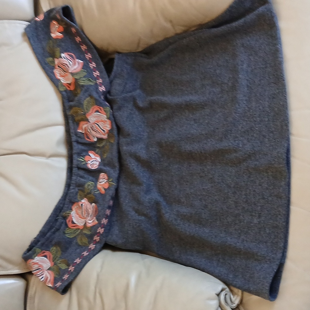 THML Charcoal Off-shoulder Top with Peach and Olive Floral Embroidery